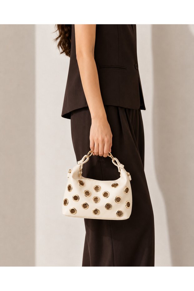 Bella Cream Women's Hand and Shoulder Bag with Eyelet Detail