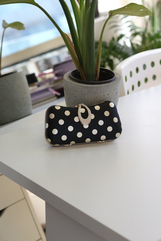 Women's Black Polka Dot Evening Dress Bag with Lock Detail and Chain Case