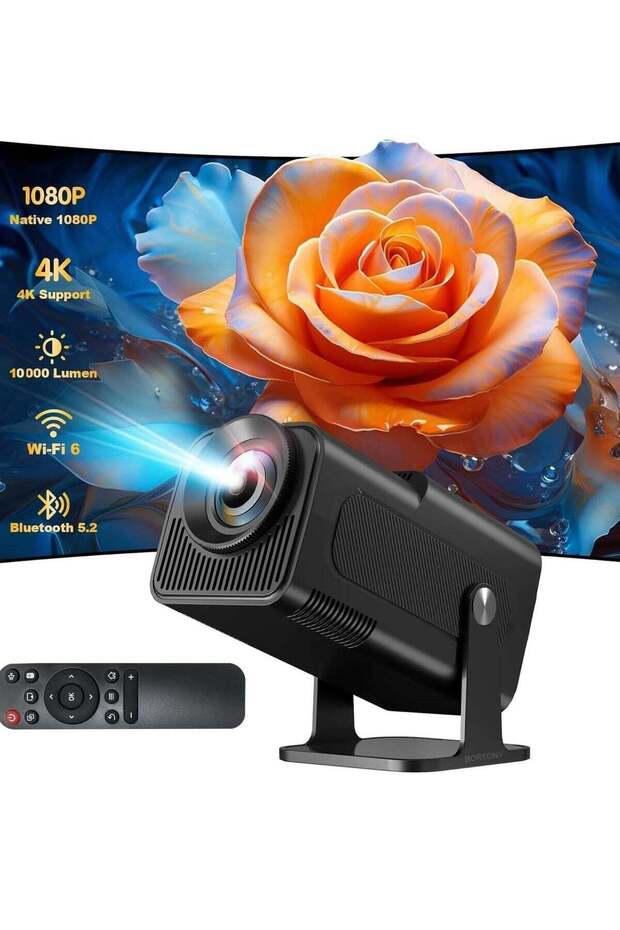 Smart 4K Mini Projector: 1080P, 10,000 Lumens, Android TV 11.0, and 180-Degree Rotation Short Throw (Black)