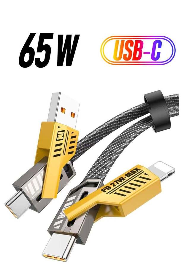 65W 4-in-1 Fast Charging Cable – USB-C to USB-C, USB-A, Lightning Ports, Flat Braided Multi-Charging Cord for iPhone, iPad, Samsung (3ft)