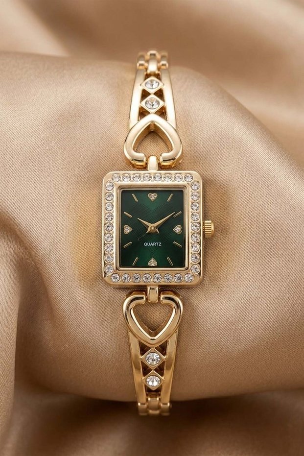 Siesta Women's Gold Rectangular Case Wristwatch with Green Dial Stone Bezel Heart Detail Luxury Steel Bracelet Watch 2026