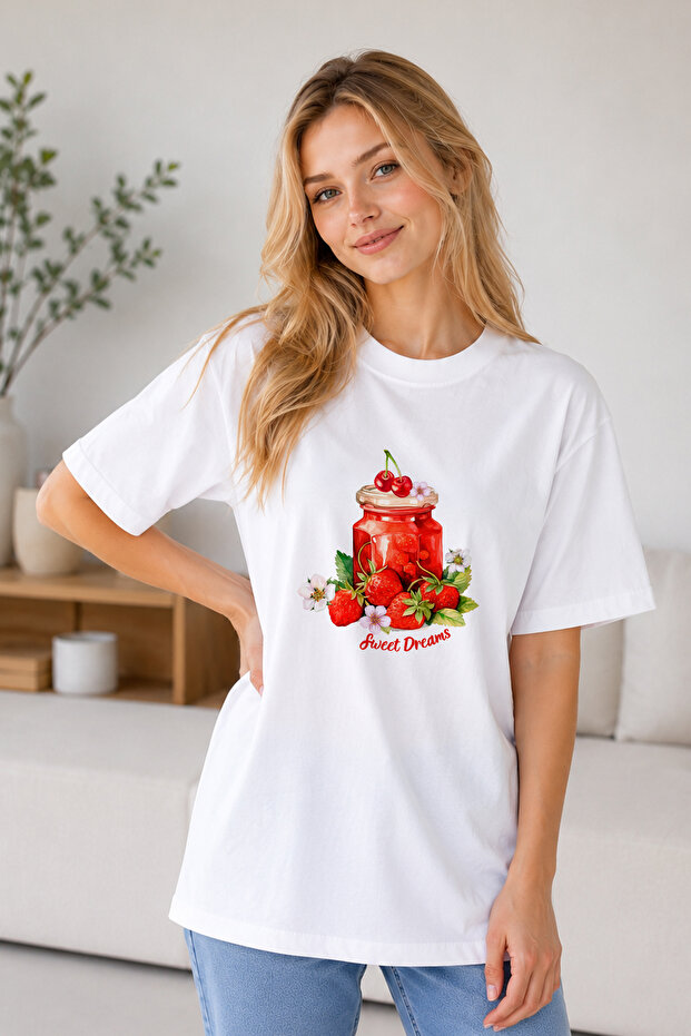 Women's White Oversize Plus Size Unisex Printed T-Shirt – Sweet Dreams Strawberry Jam Patterned Cotton Basic Casual T-Shirt