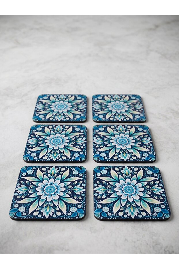 Set of 6 Mandala Patterned Coasters - Blue Green Floral Decorative Coffee/Tea Presentation Coasters