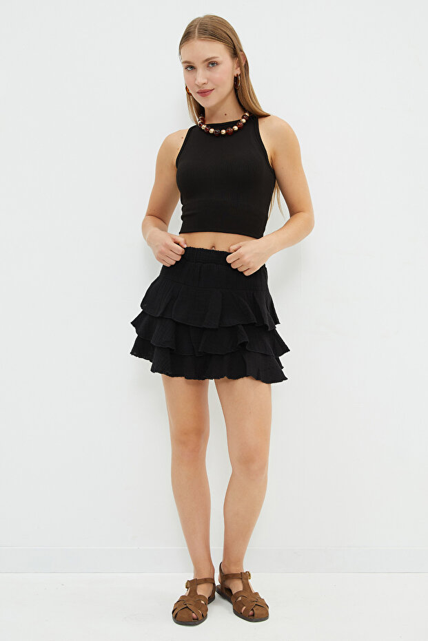 Elastic Waist Muslin Fabric Mini Length Short Skirt