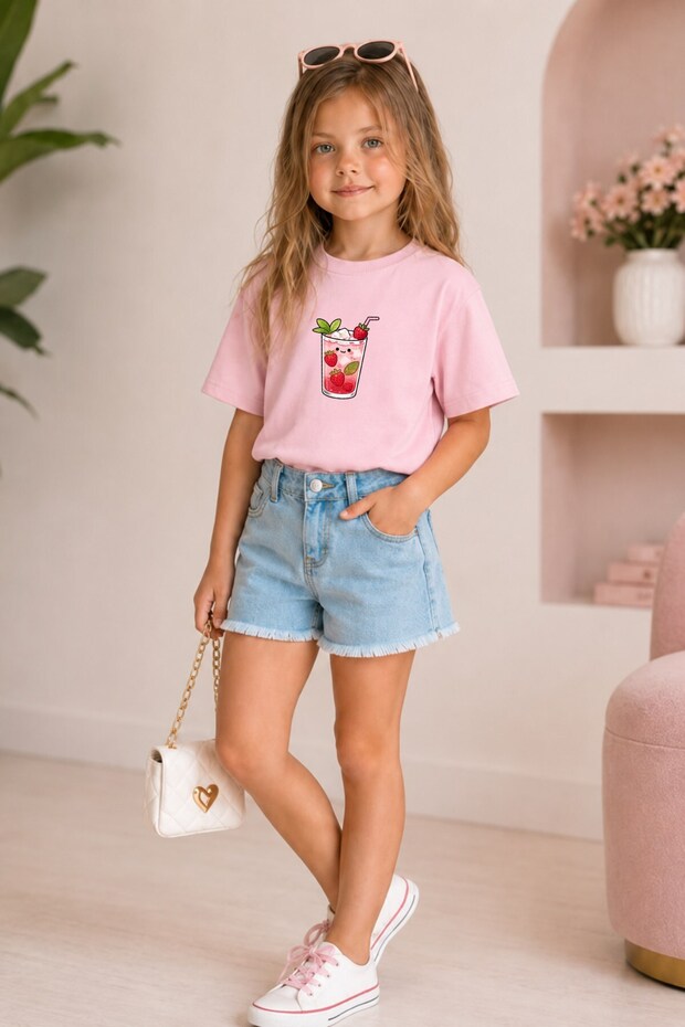 Girls' Oversize T-Shirt Strawberry Pop Printed Pink – Crew Neck, Comfortable Fit, 100% Cotton