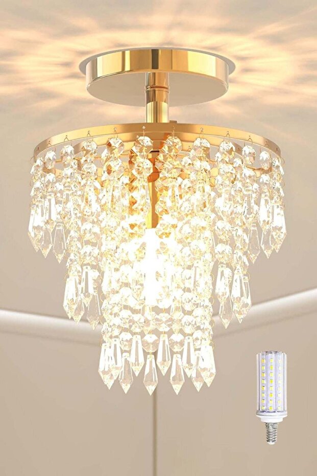 Golden modern crystal chandelier (diameter 20CM/7.87 inches with E27 bulbs with color temperature 3000K-6000K)