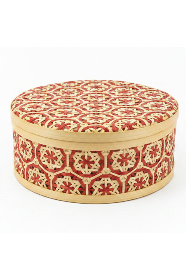 Handwoven Round Bamboo Rattan Storage Box with Lid | Geometric Patterned Decorative Basket | 25 cm