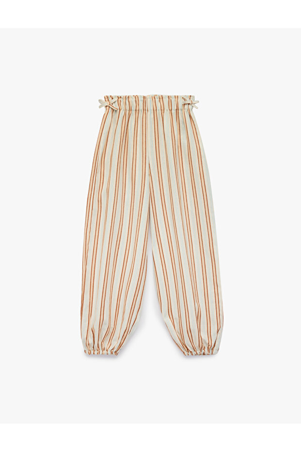 Linen and Viscose Blend Bow-Tie Elastic Waist Jogger Striped Balloon Trousers