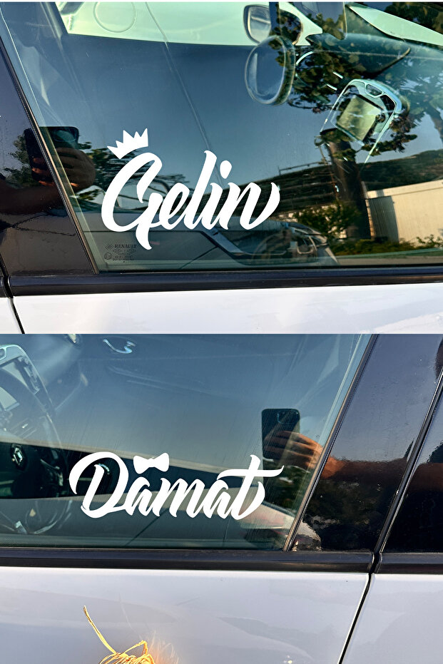 "Bride & Groom" Written Crowned Bowtie Car Window Sticker - Wedding Car Window Sticker Set - Bride Groom Written Decal 20cm