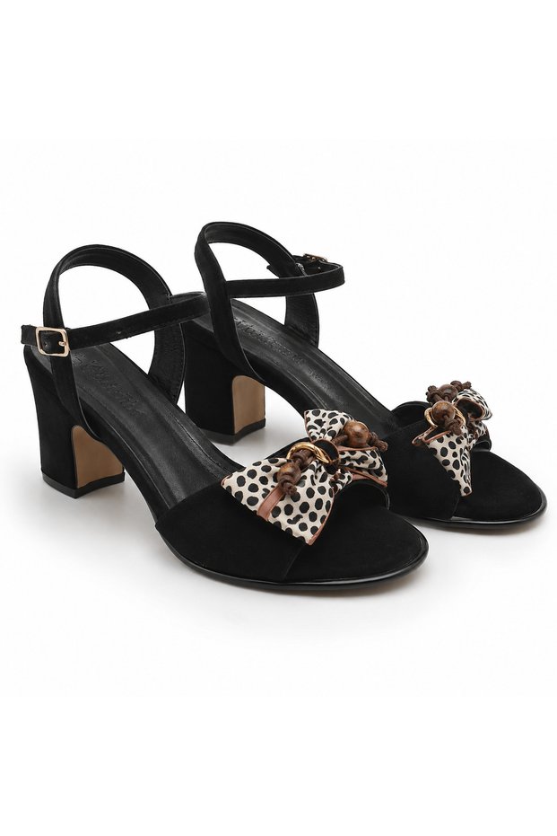 Women's Suede Look Bow Detailed Thick Heeled Ankle Strap Evening Dress Sandals