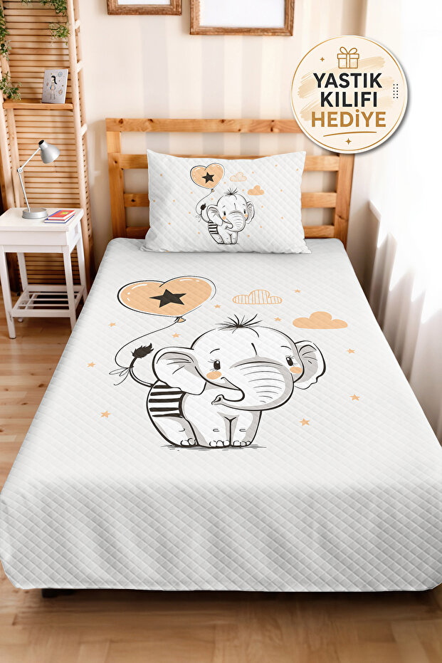 Elephant Pastel Orange Children's Room Single Pique Set-Cloud Star 160X220 cm Quilted Bedspread