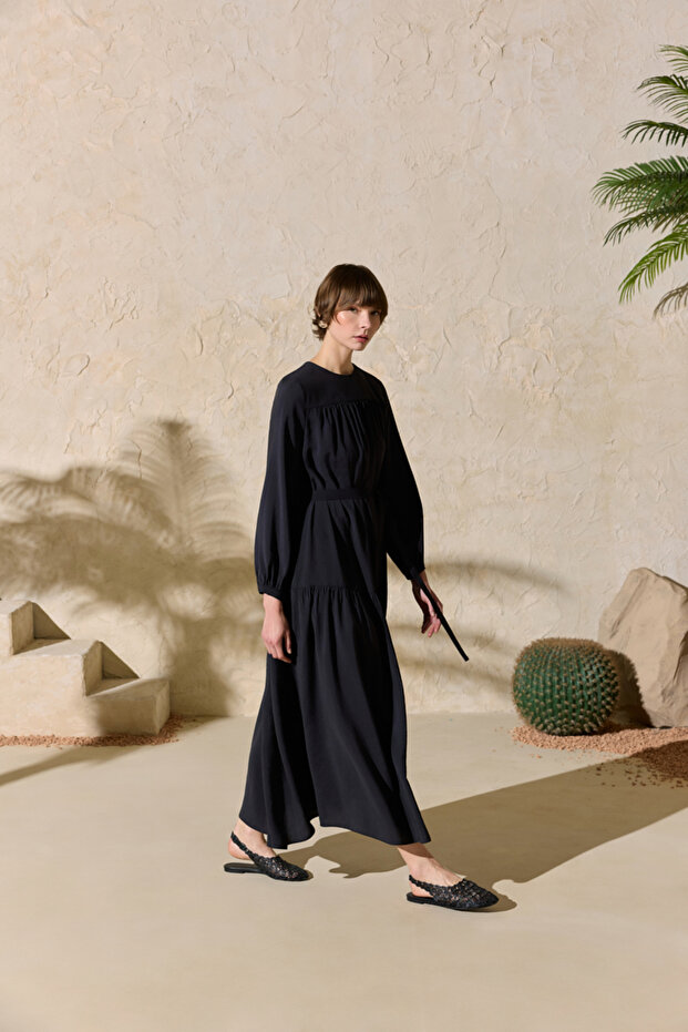 Black Modal Dress with Gathered Detail