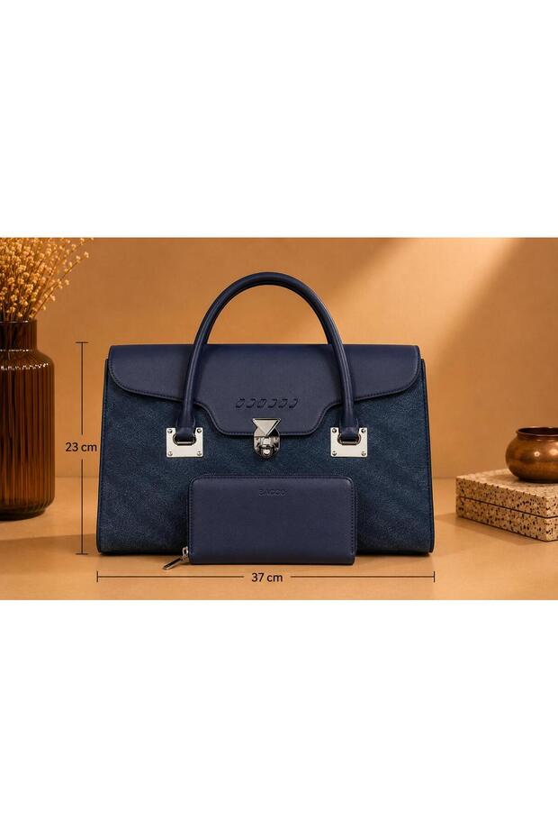 BAGCO Women's Leather Handbag with Matching Wallet | Large Office Work Bag | Rectangular Top Handle Handbag | 37 × 23 × 11 cm