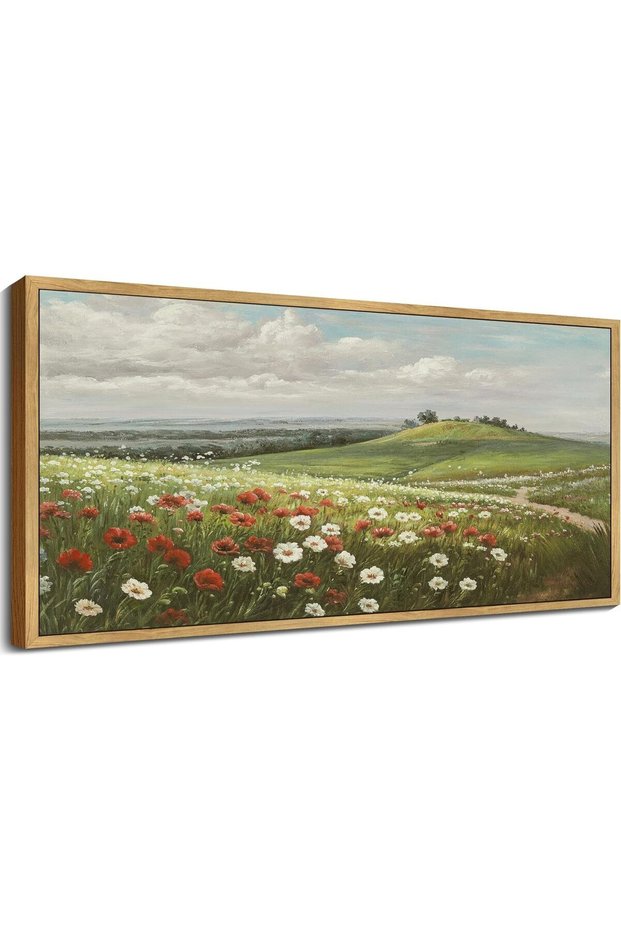 Grassland Meadow Floral Landscape – Farmhouse Nature Canvas (60x120 cm Framed)