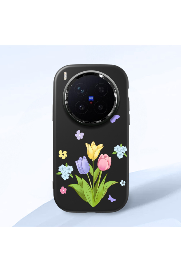 Vivo X300 Pro Compatible Case Camera Protective Black Silicone Couple Phone Case with Floral Pattern