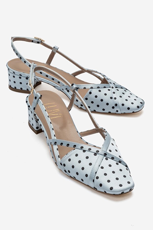 Olena Ice Blue Black Polka Dot Women's Heeled Sandals
