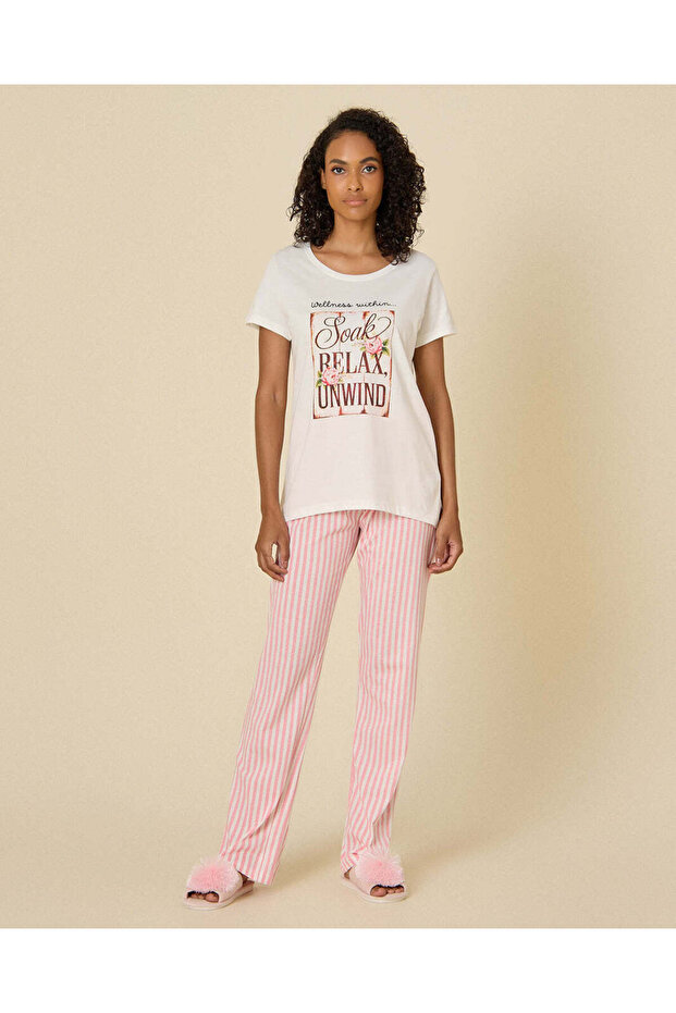 Women White and Pink And Printed Pyjama Set