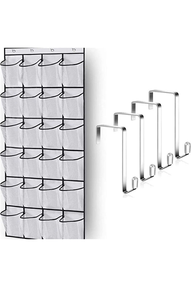 white 24 Grid Wall-mounted Sundries Shoe Organiser Fabric Closet Bag Storage Rack Mesh Pocket Clear