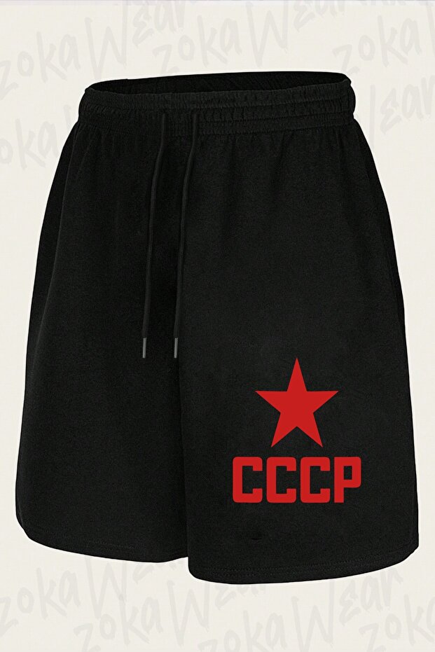شورت مطبوع بتصميم الاتحاد السوفيتي Cccp باللون الأحمر للجنسين