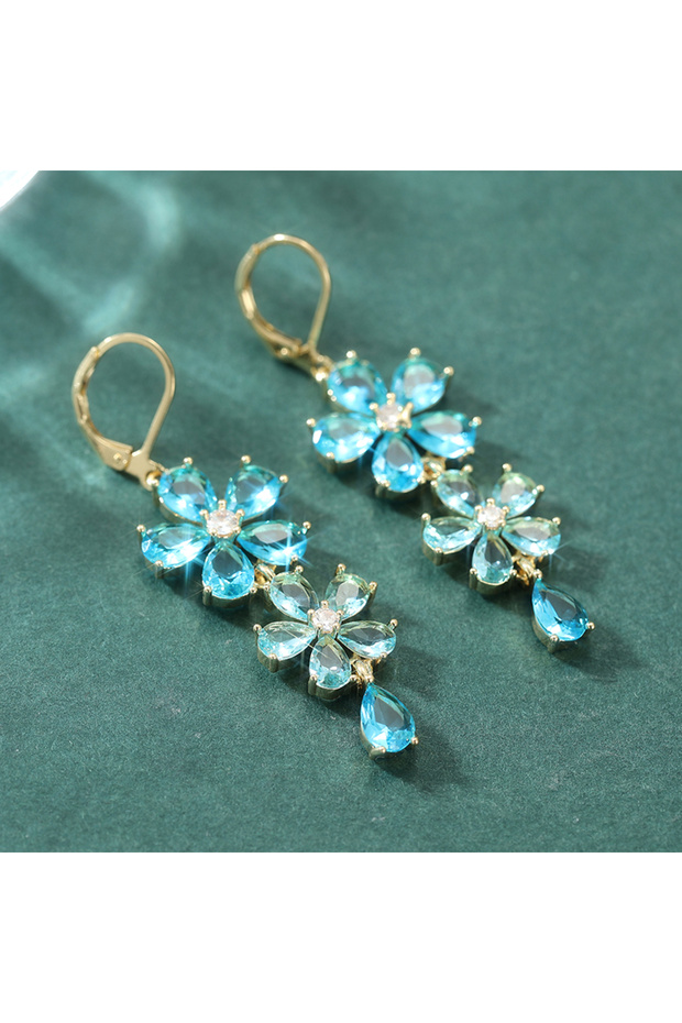 Blue A670 Fashion Delicate Shiny Blue Synthetic Zirconia Floral Drop Earrings for Women Luxury Tempe