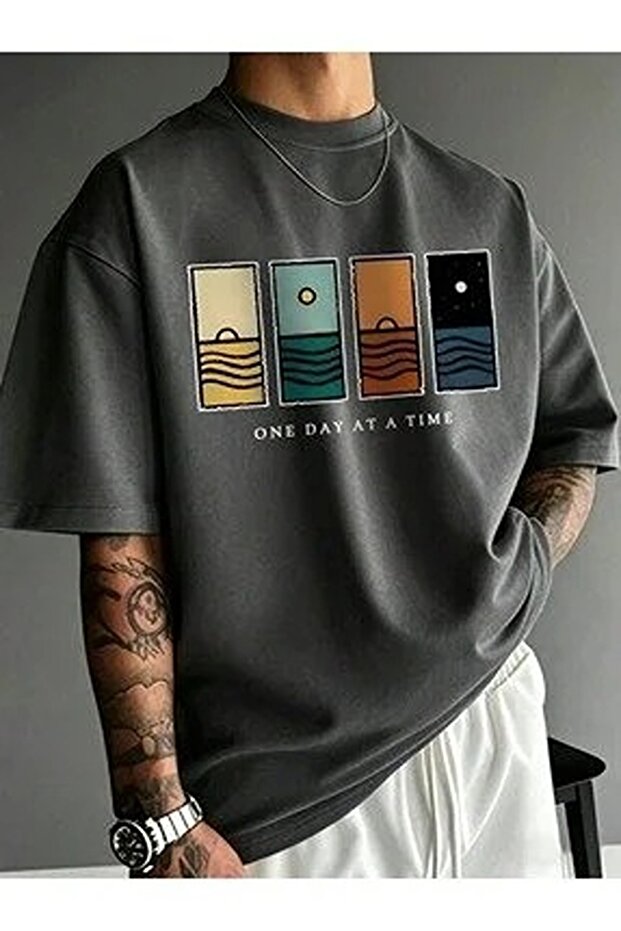 Men's Oversize Printed T-Shirt – Beige, Minimal Landscape Print, Crew Neck, Short Sleeve