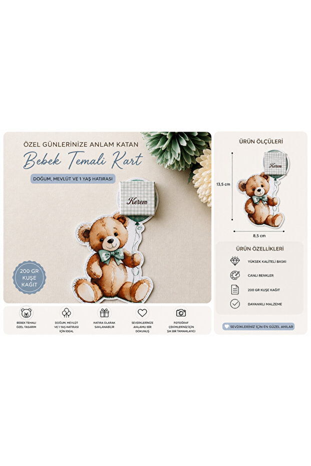 50 Pcs Baby Chocolate Card with Teddy Bears and Balloons | 13.5X8.5 cm | 200 Gr Kuşe