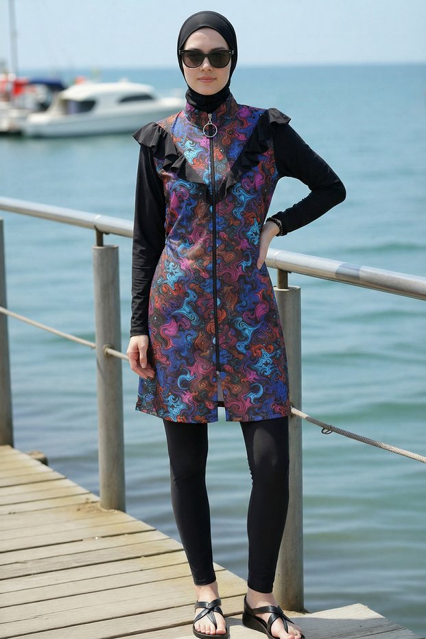2-Piece Set (with Bonnet Gift) Parachute Fabric Burkini Hijab Swimsuit with Detailed Front and Back Design and Elastic Waist D54