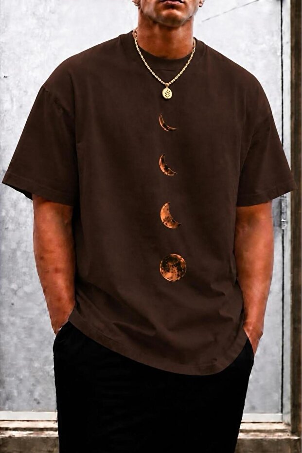 Moon Printed Crew Neck Cotton Men's T-Shirt Relaxed Fit