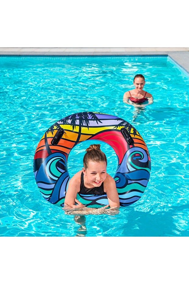 Wavy Ring Float with Handle - Inflatable Wave Patterned Ring - Inflatable Sea Ring - Tropical Patterned Ring - Colorful Patterned Inflatable Ring 91 Cm.