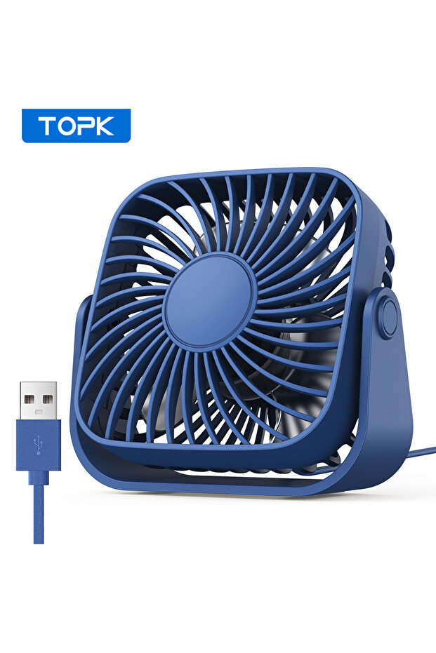 Blue TOPK 4Inch USB Mini Portable Fan for Camping,3 Speeds Quiet Desk Table Personal Fan,360°Adjustm