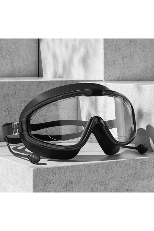 Black Adult Swimming Goggles Silicone Swim Glasses Big Frame with Earplugs Men Women Professional HD