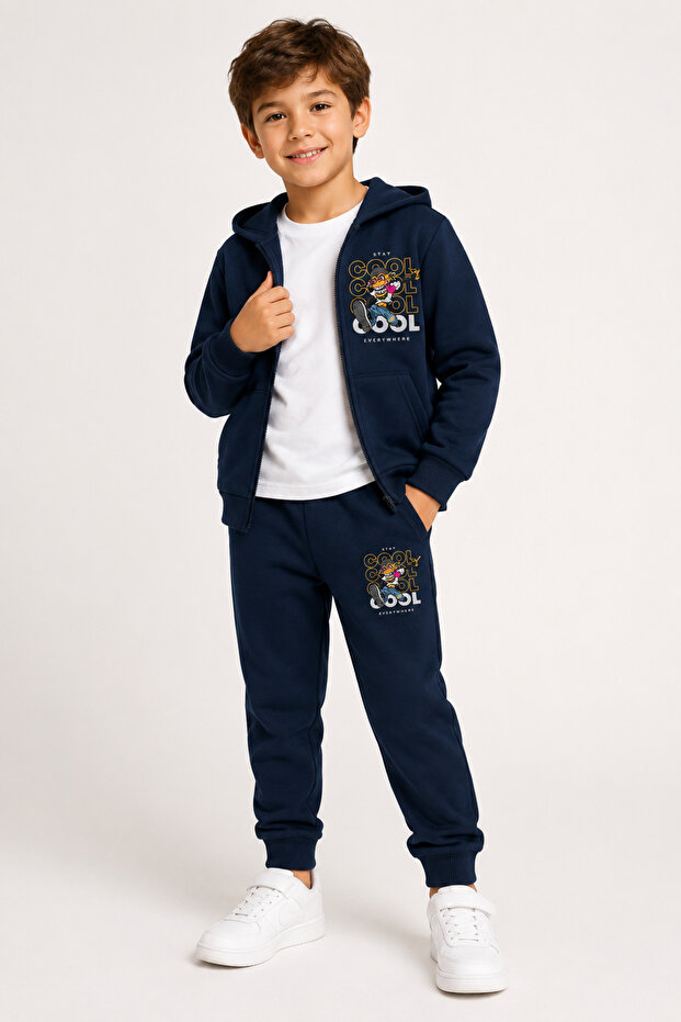 Cool Character Printed Zippered Boys' Top and Bottom Tracksuit Set