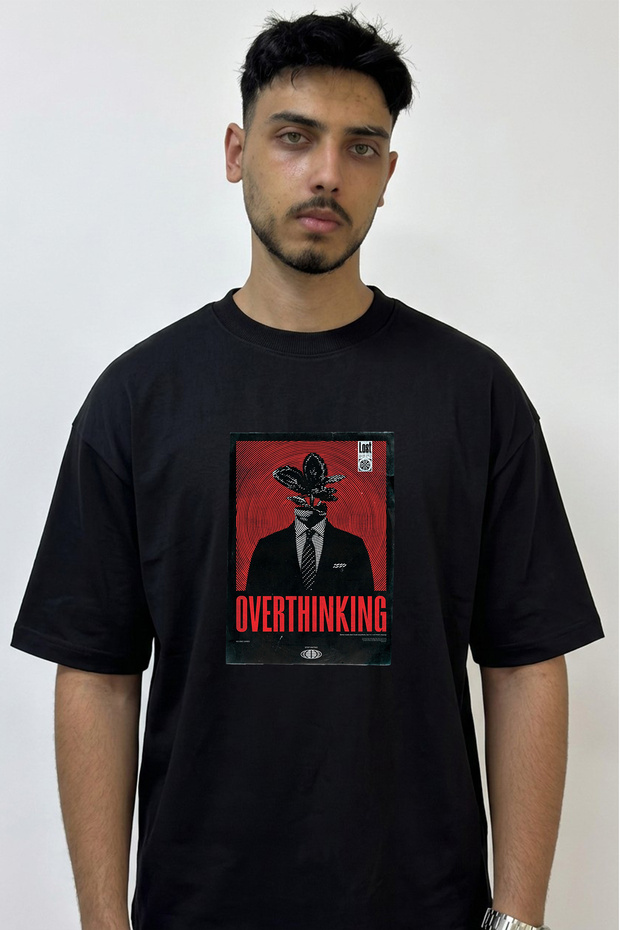 Overthinking Design Printed Oversize Black T-Shirt