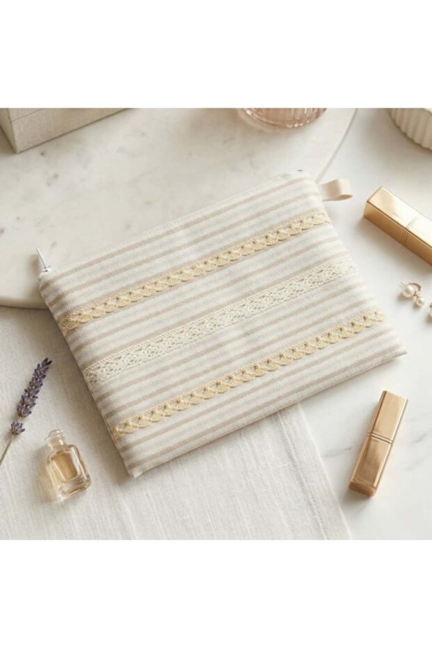 Handmade Striped Lace Detailed Zippered Organizer Bag