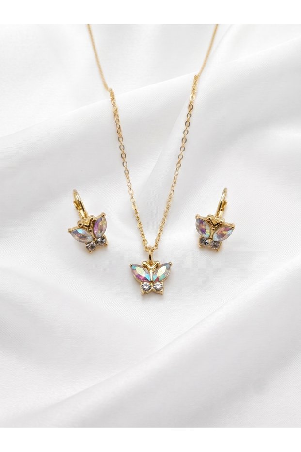 Women's Colorful Zircon Stone Butterfly Gold Necklace and Earring Set