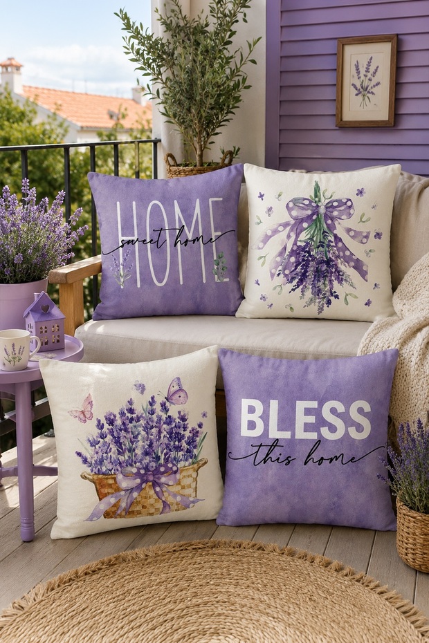 Purple Lavender Patterned 4-Piece Throw Pillow Cover Set