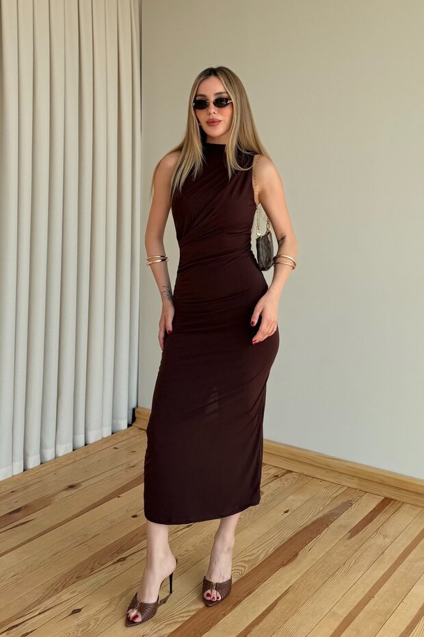 Brown Draped Slit Dress - 4114