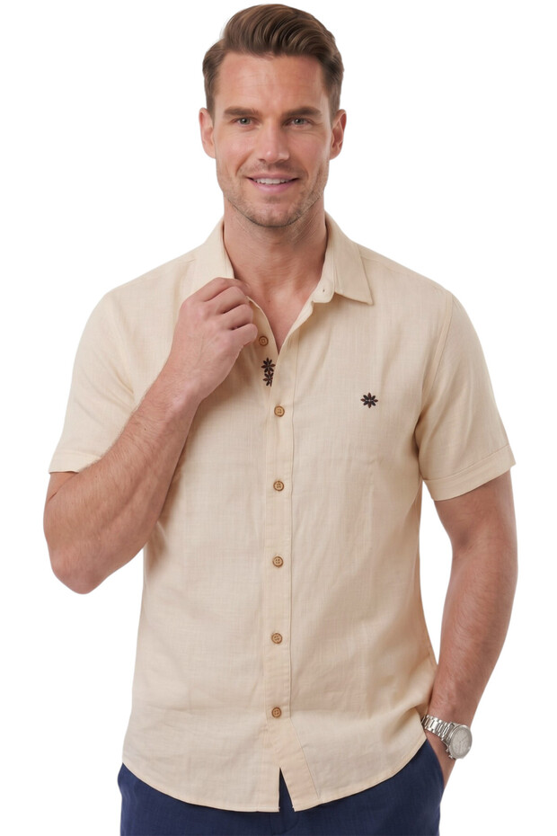 Beige Flared Linen Men's Shirt – Summer 100% Cotton Relaxed Fit 2602652