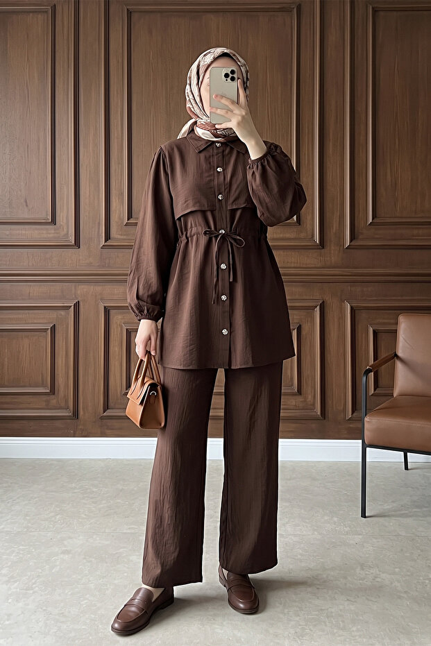Elastic Sleeves, Tunneled Laces, Strawberry Fabric Pants, Top and Bottom Set - Brown