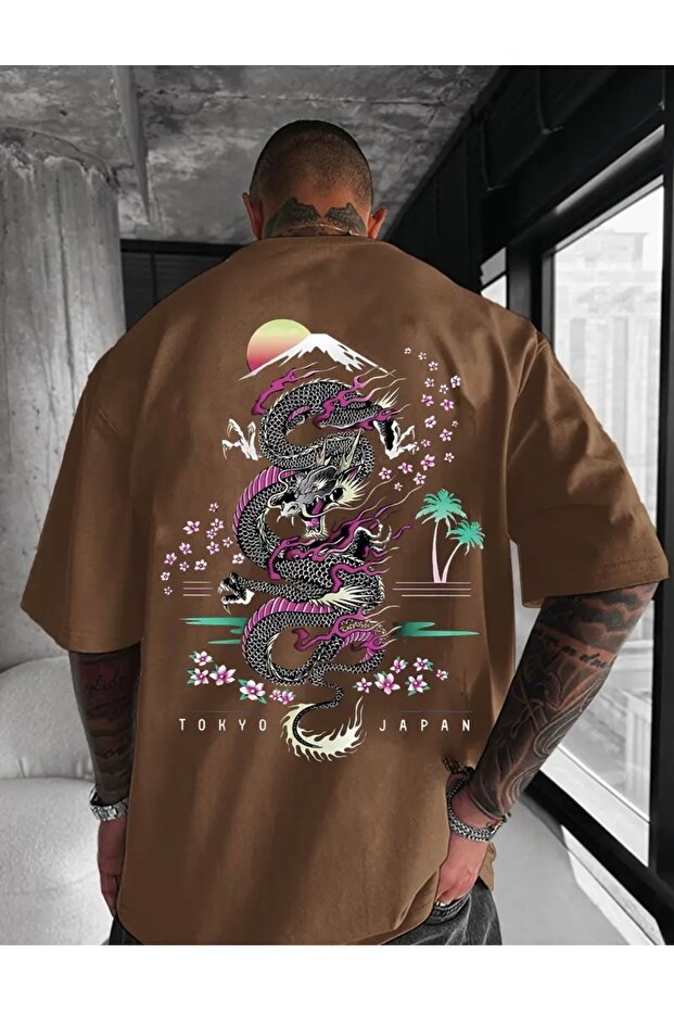 New Season Tokyo Summer Evening Dragon Back Printed 100% Cotton Plus Size Men's T-Shirt