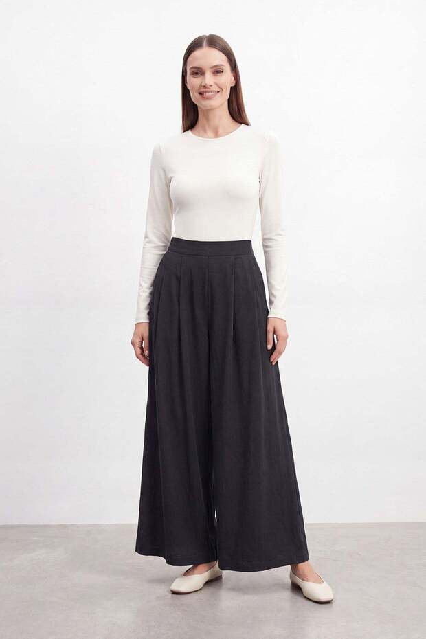 Women's Wide-Leg Woven Trousers with Elastic Waist – 18310Pnt Black