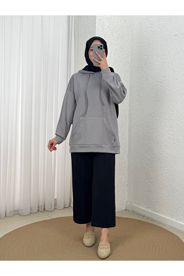 Çağıl Self-Stripe Kangru Pocket Hooded Sweatshirt-Mf1832 Gray