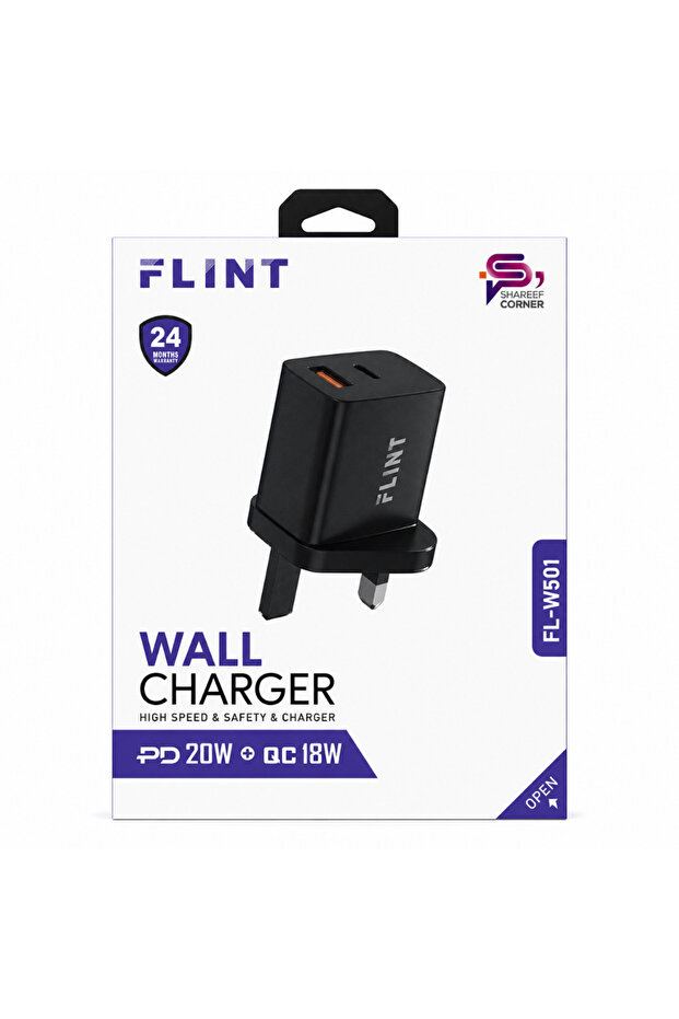 شاحن حائط سريع FL-W501 بقوة 20 واط - محول طاقة USB مدمج للآيفون والأندرويد، أسود اللون