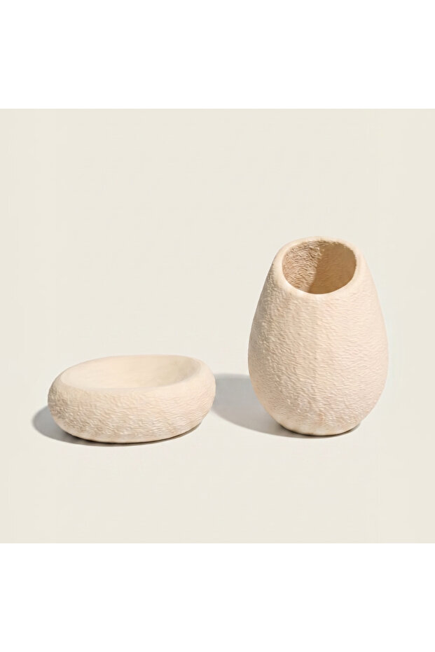 Skadi Stone Bathroom Set Soap Dish and Toothbrush Holder Organic Stone Texture 2 Pieces