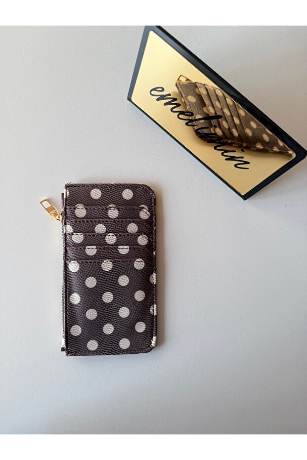 Women's Brown-Cream Polka Dot Zippered Card Holder Wallet Multi-Compartment Slim Wallet