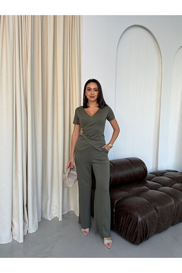 Women's Buckled Double-Breasted Top and Striped Modal Pants Set