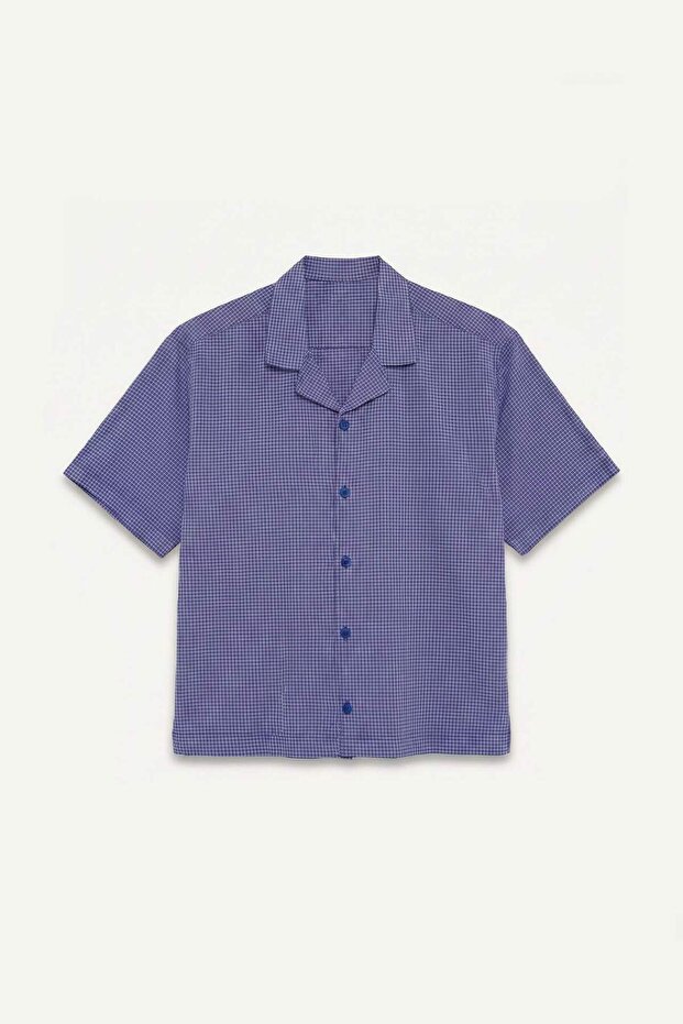 Boxy Fit Apaş Collar Checkered Seersucker Textured Short Sleeve Navy Blue Shirt G4146Ax26Sm
