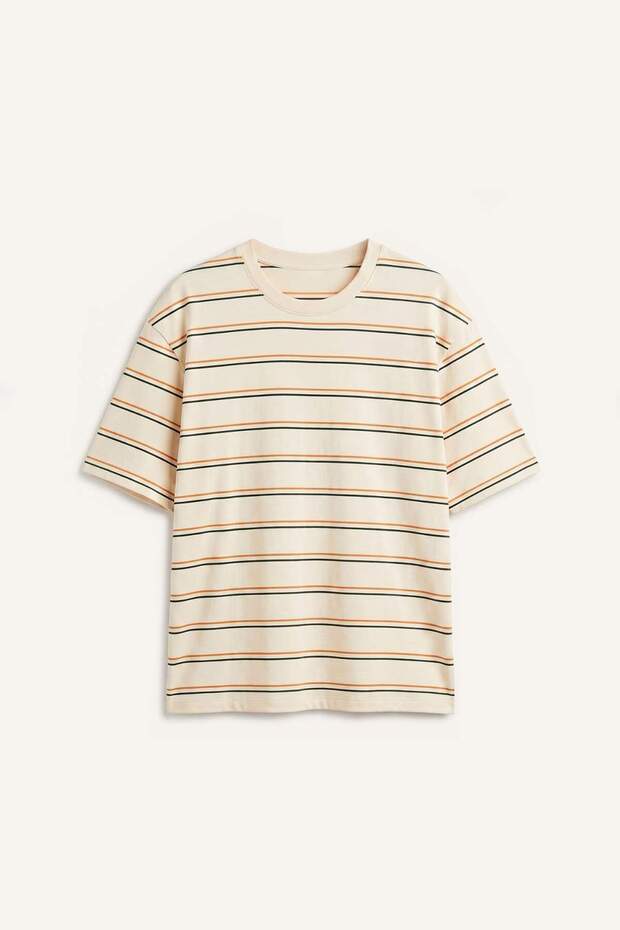 100% Cotton Boxy Fit Short Sleeve Striped Ecru T-Shirt H7474Ax26Hs