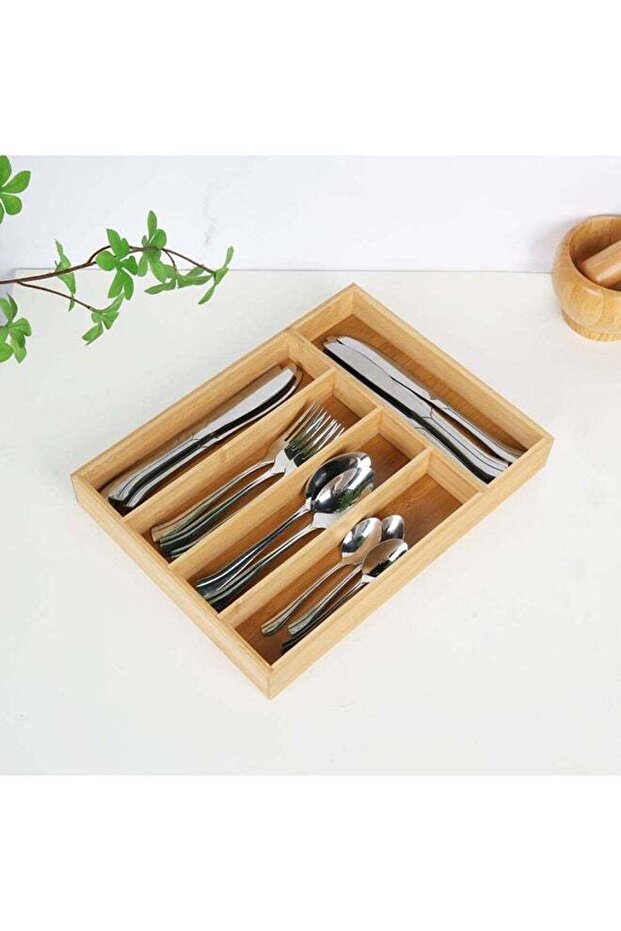 Aaron Bamboo Cutlery Tray 5 Section Nature Bamboo Cutlery Box Organizer Silverware Storage