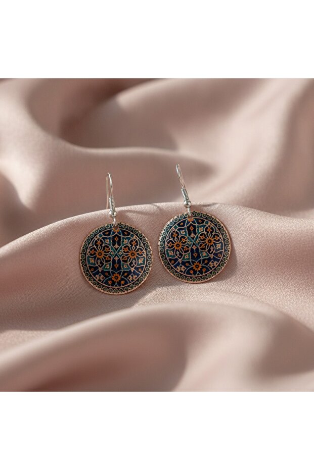 100% Handmade Copper |   Copper Navy Blue Beige Oval Patterned Dangle Earrings |   100% Handmade Copper